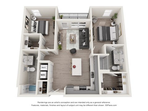 Floor plan for 2 beds, 2 baths, 1066 sqft